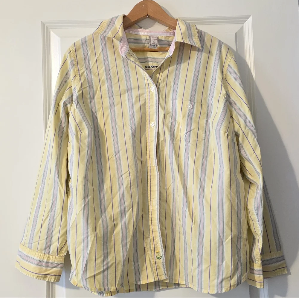 Y2k Old Navy Striped Button Up Collared Shirt Womens 1X Yellow Pink Blue Preppy - Picture 1 of 8